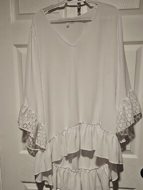 Cato White V-Neck Ruffle Top with Lace-Trim Sleeves